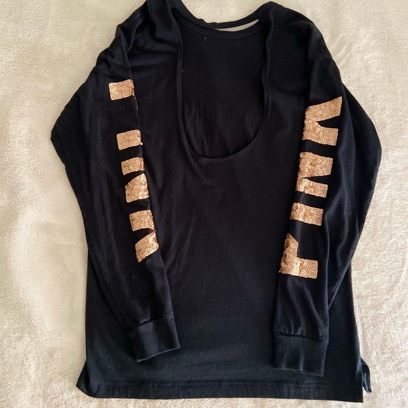 Victoria’s Secret PINK Sequin Black/Rose Gold Sequin Open Back Top - Picture 3 of 5